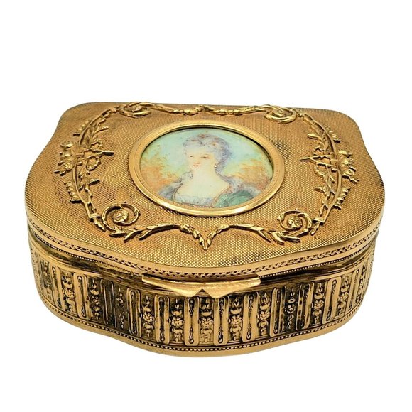 Antique French Gilded Brass Portrait Trinket Box w/ Hand Written Signature A2672 - Picture 1 of 10
